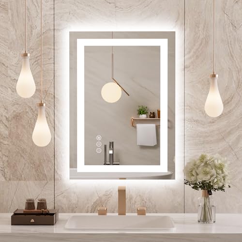 WEER Bathroom Mirror with LED Lights, 50x70cm Wall Mounted Vanity Mirror, 3 Colours Dimmable, Illuminated Backlit Demister Pad, HD Tempered Glass, IP44 Waterproof, Vertical or Horizontal