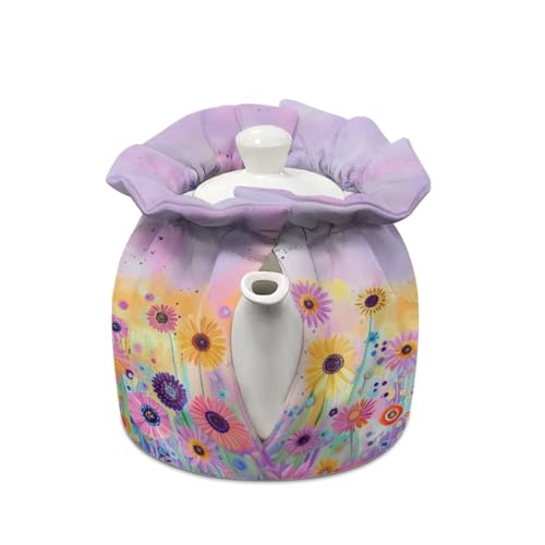 Image of Flower Dragonfly Print Tea Cosy Kitchen Home Decorative Tea Pots Cozy Insulation Keep Breakfast Warmer Insulated Teapot Cover Keep Teapot Warm, Purple