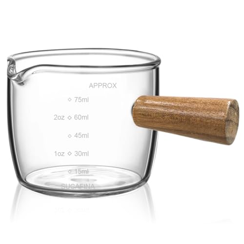 Image of Supvox Double Espresso Cup 75ml Heat Resistant Measurement Cup with Wooden Handle High Boron Glass Espresso Shot Glass with Easy Pour Spout for Home and Cafe