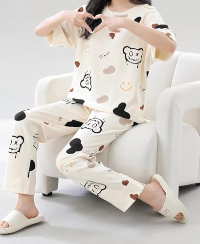 Image of Women Printed T-Shirt and Track Pant Set | Cotton Co-Ord Night Suit for Women | Lounge Wear, Sleepwear, Gym Wear | Half Sleeve Top & Elastic Waist Joggers | Stylish