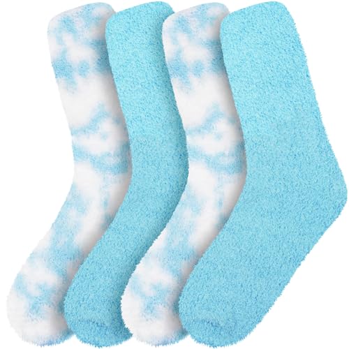 Image of BambooMN Women's Girl Fuzzy Warm Fluffy Tie-Dye Colorful Fun Crew Socks - 4 Pairs