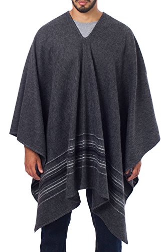 NOVICA Grey Striped Men s Alpaca Blend Poncho, Gray Nazca 