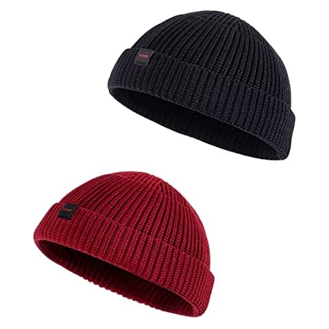 DASMINI Fisherman Beanie,Skull Cap Mens Cotton Beanie Winter hat Small Short Warm Gift (Black+Winery, Size M) Cover