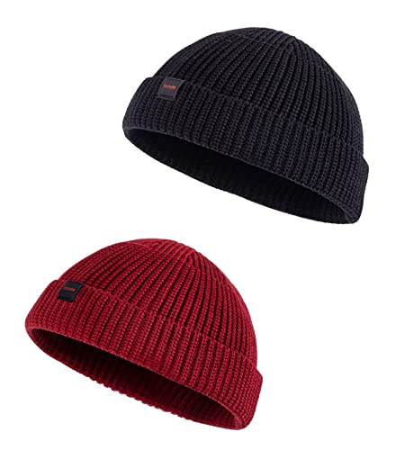 DASMINI Fisherman Beanie Skull Cap Mens Cotton Beanie Winter hat Small Short Warm Gift (Black+Winery Size M)