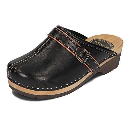 BeComfy Women's Clogs Wooden Shoes With Wooden Sole Real Leather Wooden Clogs Metallic Gold Silver Pink 35 36 37 38 39 40 41 EU, Champagne