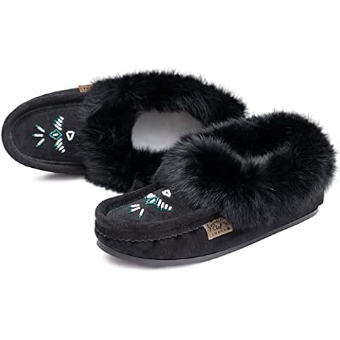 Laurentian Chief Moccasin Slippers for Woman - Orlon Beaded Slippers with Fur Trim and Padded Sole, Canada Quality Womens Slippers, Comfortable Stylish Indoor and Outdoor Cover