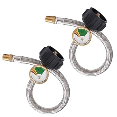 METER STAR 2PCS 12 inch(0.3 Meter) 1/4" NPT RV Pigtail Propane Hose with Gauge, Stainless Steel Braided RV Pigtail Hose Connector for Standard Two-Stage Regulator with 1/4" Male NPT