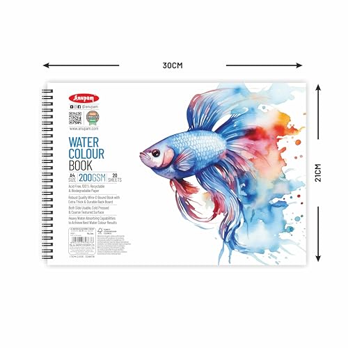 Image of Anupam Artists Watercolour Wire-O Book 200 GSM Cold Pressed A4 40 Pages for Watercolour, Gouache, Ink, Acrylic, Wet & Mixed Media, Art Painting, Drawing for Artists & Amateurs