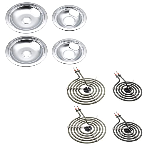 W10196405 W10196406 Chrome Drip Pans and MP22YA Electric Range Burner Element Unit Set by SupHomie - Compatible with Whirlpool Amana Electric Range Stove