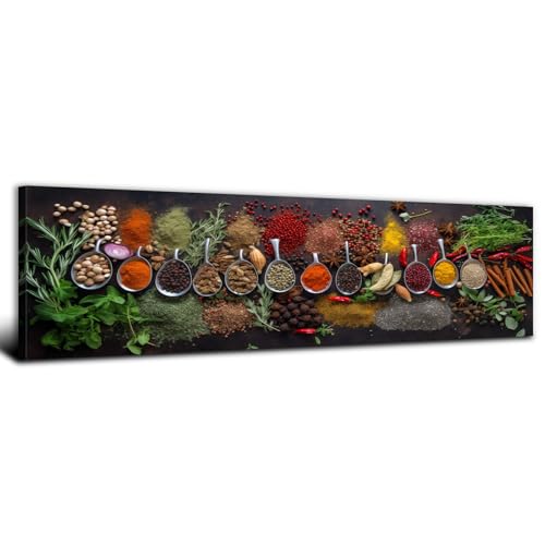Large Colorful Kitchen Wall Art Spices Herb Food Picture for Dining Room Wall Decor Seasoning Herb Spoon Canvas Prints Poster Vintage Modern Family Bar Painting Artwork Home Decorations 14x48”