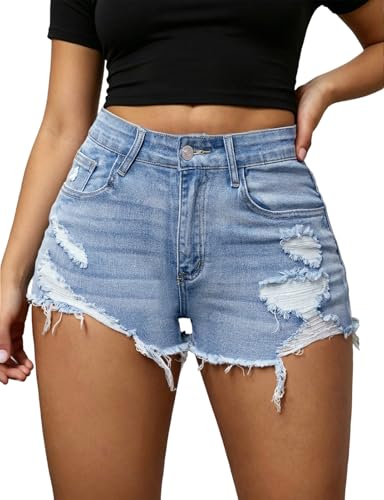 MapleHub Denim Shorts Women Ripped Stretchy Mid-High Rise Jean Shorts Distressed Summer Folded Hem Hot Short