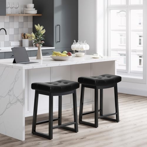 Image of Counter Height Bar Stools Set of 2, 24 Inch Backless Upholstered Leather Counter Stools with Wood Legs, Modern Farmhouse Saddle Stools for Kitchen Island, Home Bar, Black