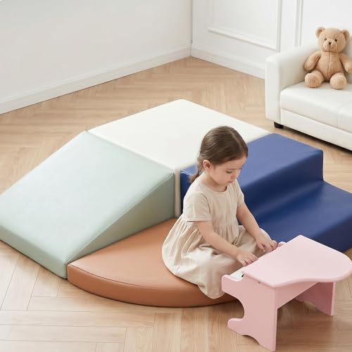 Image of Sumbababy Climbing Foam Blocks for Toddlers: Waterproof Pu Leather Soft Climber - 4 Pcs Toddler Indoor Climbing Toys - Kids Outdoor Playground Playset Best Gift Preschool Daycare Supplies(Blue /Brown)