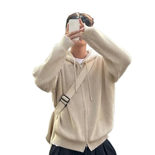 Men's Full Zipper Cardigan Sweater Solid Color Knitted Sweaters Loose Fit Casual Sweater Cardigan with Hood