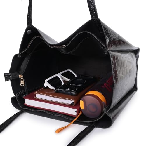 Image of LEEZEL Women's Structured Tote Bag - Large Capacity Work & Travel Purse Croco Pattern Vegan Leather Stylish Tote Bag Classic Everyday Shoulder Bag