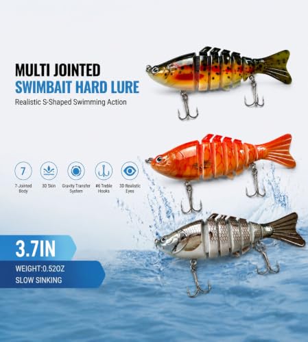 Image of Multi Jointed Swimbait Hard Lure, 3.7in Slow Sinking Fishing Lures with Realistic S-Shaped Swimming Action, Built-in Gravity Transfer System & #6 Treble Hooks for Bass, Trout, Pike, Topwater Lure