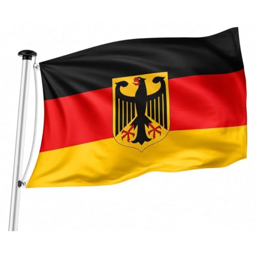 Deutschland Flagge mit Adler 90x150 cm Deutschlandfahne mit 2 Messingösen zum Aufhängen wetterfest & reißfest aus Polyester doppelt genäht Fahne für WM 2026 Public Viewing Garten & Balkon