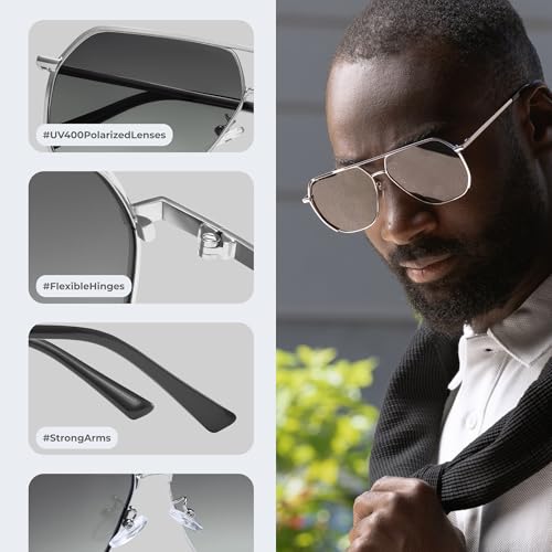 Livho Polarized Aviator Sunglasses for Men, Trendy Square UV Protection Oversized Fashion Sunglasses, Medium, Silver/Black Silver Ombre4