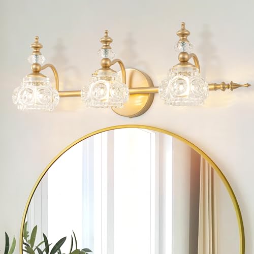 Bathroom Vanity Light Fixtures, Farmhouse Vintage Wall Sconce Lighting with Glass Shade, Bath Vintage Wall Mounted Lamps for Mirror (3 Lights,Gold,G9 Base)