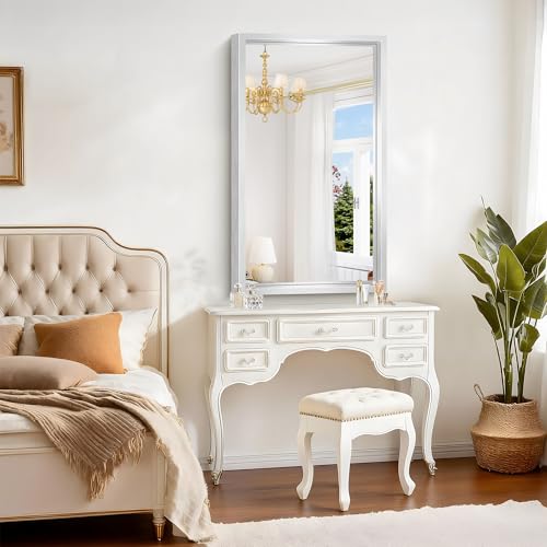 Image of Bathroom Mirror, 24 x 40 inch Brushed Silver Rectangle Mirror, 0.6 inch Thickened Deep Metal Frame Rectangular Vanity Mirror, Wall Mounted Mirror for Bedroom Living Room, Horizontal or Vertical