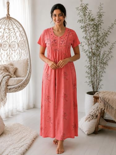 Image of 9shines Label Stylish Cotton Blend Embroidered Maxi Nightdress for Women with Pocket| Full Length Nightwear| Premium Nightdress| Comfortable Nightwear(5256)