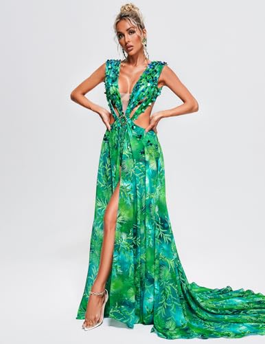 Red Maxi Beach Squin Printed Floral Dress for Women Summer Chiffon Cut Out Backless Deep V Neck Vacation Dress3