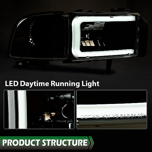 Image of GRAND ORANGE LED Headlight Assembly w /o Bulbs Light Strip Compatible with Dodge Ram 1500 1994-2001 Fit Dodge Ram 2500 3500 1994-2002 Clear Lens Black Housing Clear Reflector