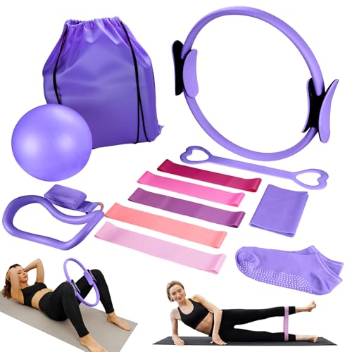 Jellybibo 13-teiliges Pilates-Ring-Set, inkl. Pilates-Ring, Yoga-Ball, Fitnessband, Spannungsring, Massagering, passend für Home-Gym-Fitnessgeräte