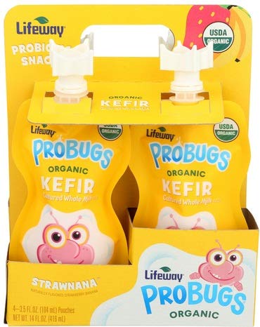 Lifeway Strawnana Organic Probugs Whole Milk Kefir, 3.5 Fluid Ounce - 4 count per pack -- 6 packs per case.