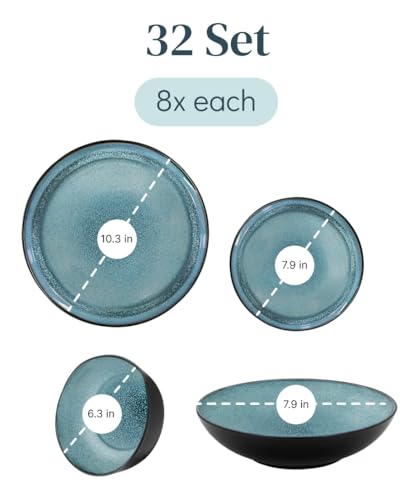 32 Piece Dinnerware Sets for 8 - Modern Style Stoneware Dinnerware Set - Scratch Resistant, Dishwasher Safe Plates and Bowls Sets Ceramic, Dish Set, Bowl and Plate Set - Black and Petrol Blue… - Image 4