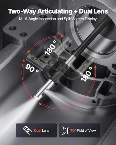 Image of VEVOR Dual-Lens Articulating Borescope with Light, Two-Way Articulated Endoscope, 0.24 inch Slim Lens, 5 inch HD IPS Spilt-Screen, 8X Zoom, IP67 Inspection Camera for Auto, Mechanical Equipment
