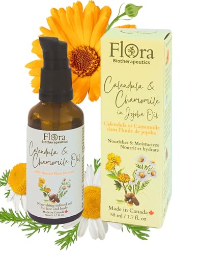 FLORA Organic Calendula & Chamomile Flowers Double Infused in Golden Jojoba Oil. 100% Plant Based & Unscented. 1.7fl oz. Gentle Soothing Oil for Sensitive Skin - for Face, Body, Hair - Made in Canada