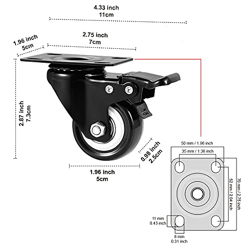 Image of 2 Inch Caster Wheels, Casters Set of 8, ASHGOOB Casters with Brake Heavy Duty, Industrial Locking Swivel Top Plate Castor Wheels for Workbench /Furniture /Cart.