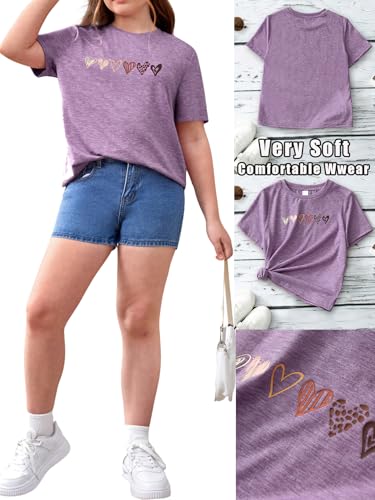 Image of OYOANGLE Girl's Heart Print Short Sleeve Round Neck T-Shirt Funny Graphic Tees Cute Top Purple 10Y