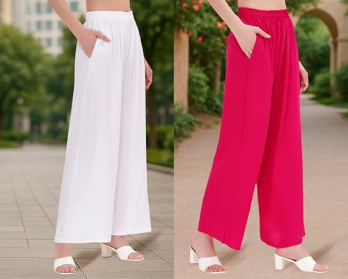 Image of Buy That Trendz Palazzo Pants for Women Cotton Rayon Elasticated Regular Fit Flared Wide Leg M to 6XL Pack of 2