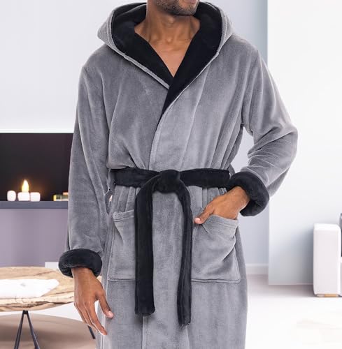 Alexander Del Rossa Mens Robe with Hood, Plush Fleece Hooded Mens Bathrobe, Big and Tall Bath Robe for Men