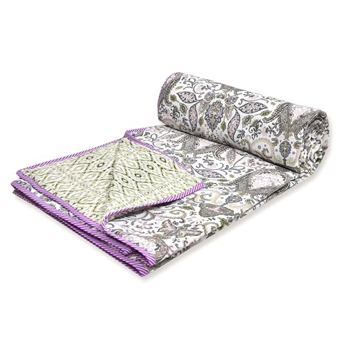 Image of Dohar Double Bed Cotton | AC Duvet Comforter | Reversible Summer Blanket Quilt | Sleeping Top Sheet All Weather (84 x 96, Purple Green, Pack of 1)