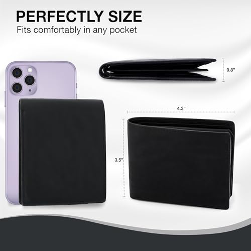 Image of ROGUE WALLET Mens Leather RFID Blocking Wallet for Men - Genuine Top Grain Cow Leather Bifold, 12 Credit Card Slots, 2 ID Windows, Traditional Hip Pocket Billfold - Secure RFID Protection (Black)