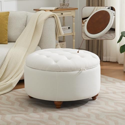 WUTUTUEE 30Inch Round Storage Ottoman with Tray, Modern Tufted Fa...