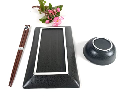 Japanbargain 4699, Japanese Sushi Set Porcelain Sushi Plates Soy Sauce Dipping Bowls And Chopsticks Gift Set, Black And Pink Color Cherry Blossom Pattern, Made In Japan #TOP5