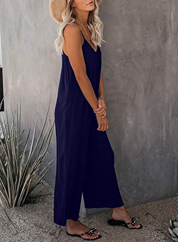 Dokotoo Women's Loose Plus Size Jumpsuits For Women Adjustable Spaghetti Strap Stretchy Wide Leg Solid One Piece Sleeveless Long Pant Romper Jumpsuit With Pockets Blue 2Xlarge #TOP3