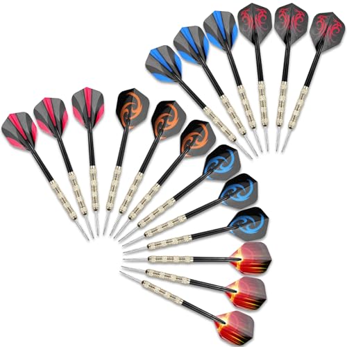 WinGluge 18 Stück Dartpfeile mit Metallspitze, 14 Gramm Steeldarts Profi, Steel Darts Set, Steeldart Pfeile, 6 Motive Dart Flight, Multi Purpose Dart Tool, für Anfänger Und Hobbyisten