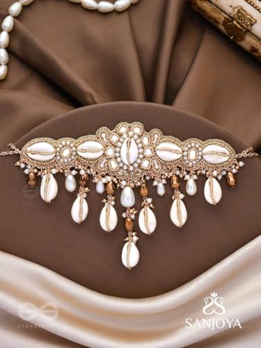 Image of SANJOYA Traditional Cowrie Shell & Pearl Bridal Choker Necklace for Haldi | Gold-Tone Kundan Beaded Indian Ethnic Choker with Crystal & Shell Drops | Mehndi Sangeet Wedding Jewellery for Women & Girls