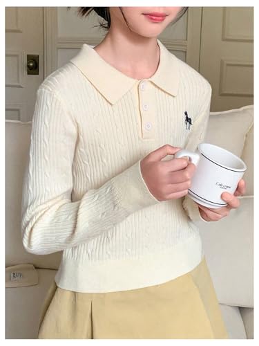 OYOANGLE Girl's Cable Knit Preppy Sweaters Embroidered Button Long Sleeve Knit Pullover Tops2