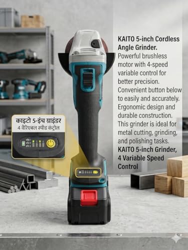 Image of KAITO 5 Inch Cordless Angle Grinder | Brushless Motor | 4 Variable Speed Control | 125MM Disc | 9500 RPM | 2 x 48V LI-ION Battery with Fast Charger | Cutting & Grinding Tool | for Home & Professional