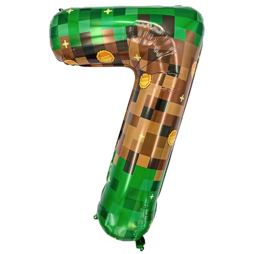 Zailo 40-inch giant brown and green aluminum foil balloon pixel miner gold coin theme 0-9 numbers optional thickened birthday party decoration supplies anniversary decoration balloon (Number 7)