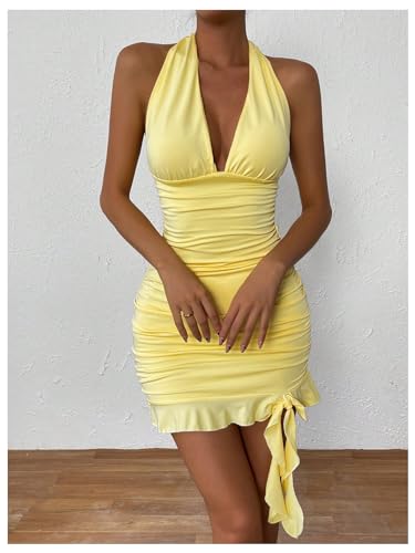 Image of Floerns Women's Sleeveless Halter Neck Tie Back Ruffle Hem Party Mini Dress