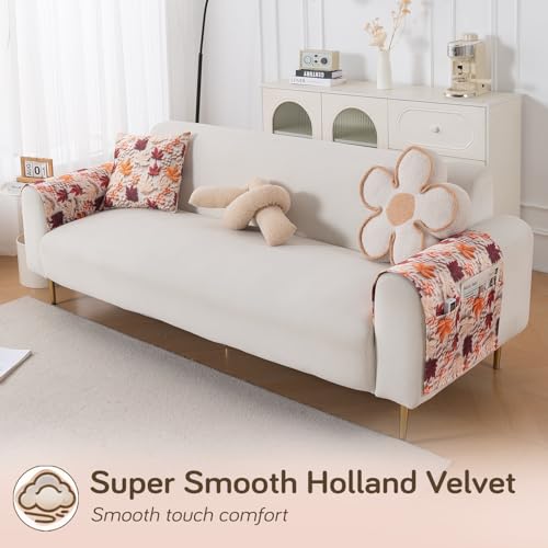Image of HOKIPO 'Nature Muse' Premium HD Printed Holland Velvet Sofa Armrest Covers with Pockets | 1 Pair | Autumn Maple (IN-921-L-D1*2)