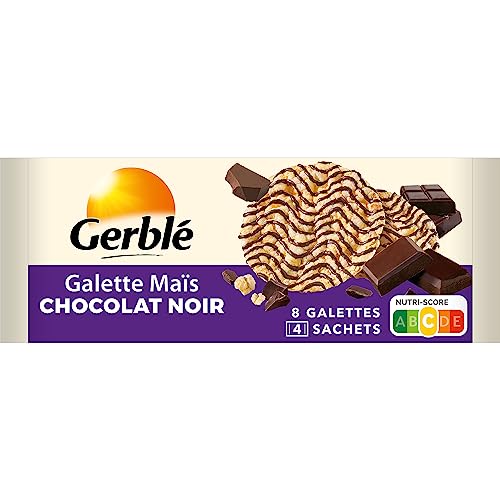 Gerblé Galettes Maïs Chocolat Noir – 4 Sachets Individuels de 2 Galettes, Sans Huile de Palme, Source de Fibres, Idéales pour une Pause Gourmande – 96g