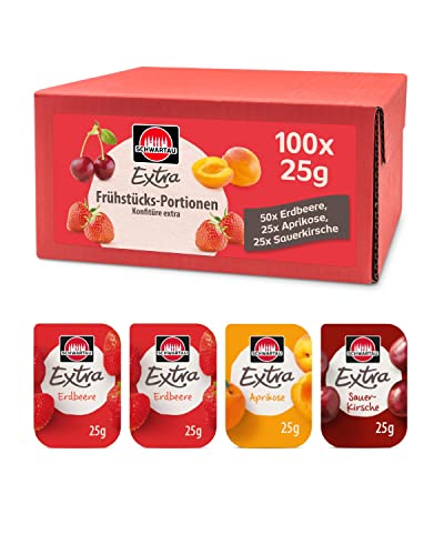 Schwartau Extra Portionen Mix-Box Konfitüre Portionsschalen (50 x Erdbeere 25 x Aprikose 25 x Sauerkirsche) Großpackung 100 x 25g